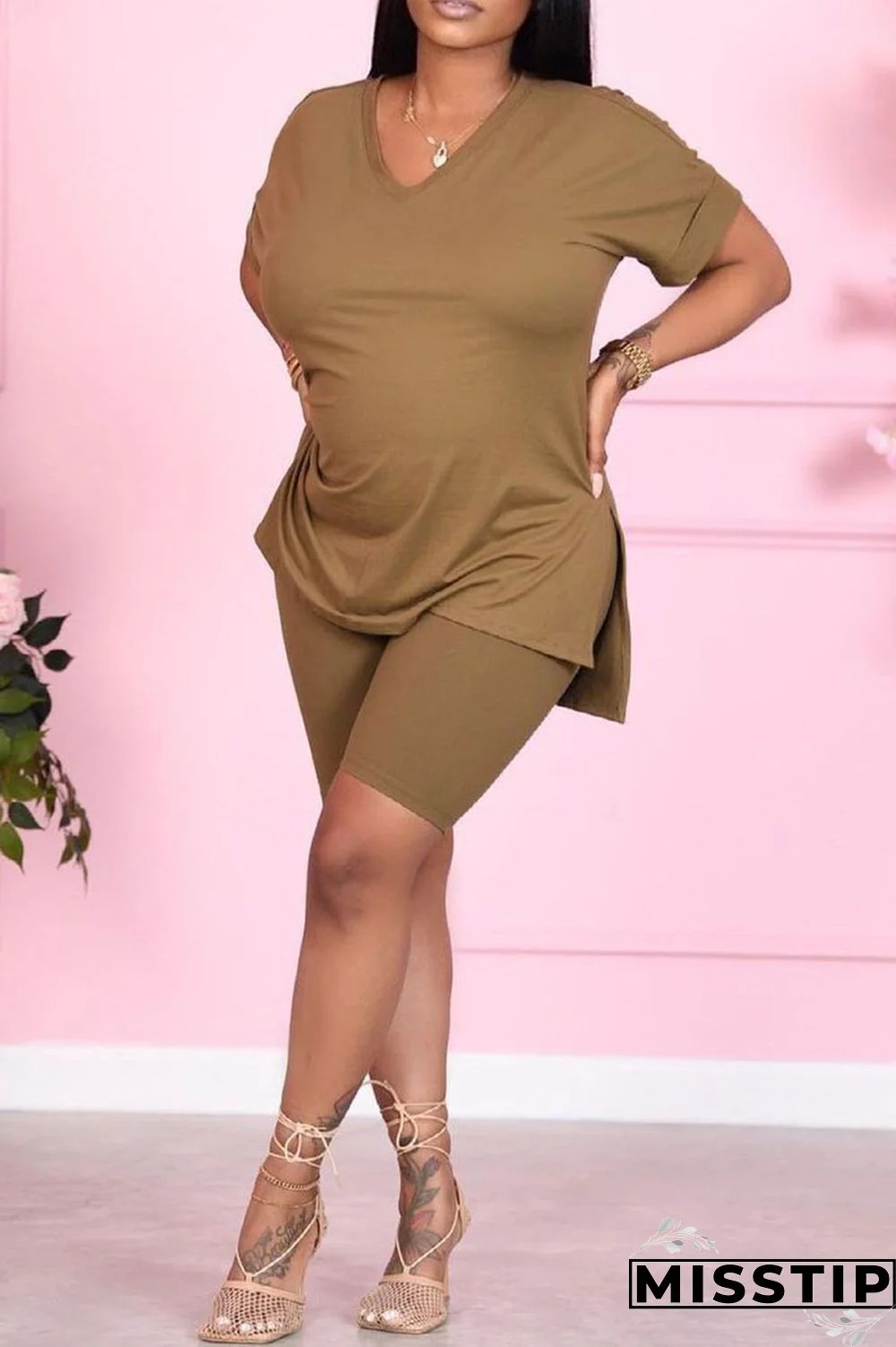 Khaki Casual Solid Patchwork V Neck Short Sleeve Two Pieces