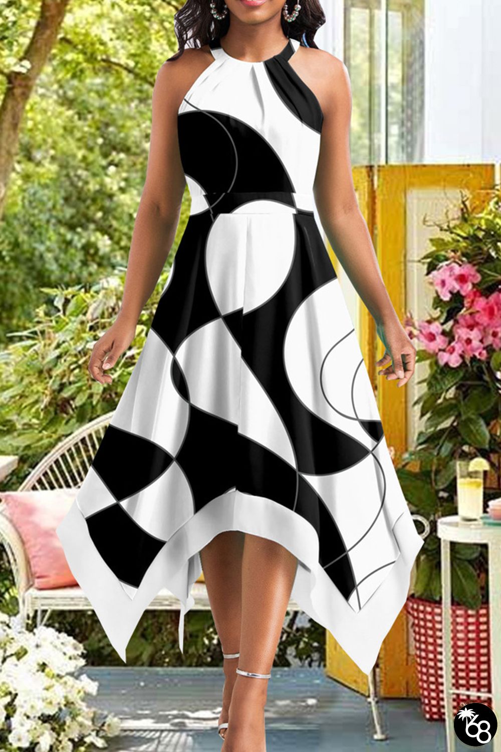 Elegant Print Patchwork Halter A Line Dresses | 168DEAL