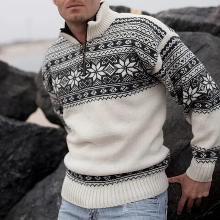 Comstylish Vintage Warmth Scandinavian Knit Jacquard Icelandic Half Zip Collar Sweater（Unisex ）