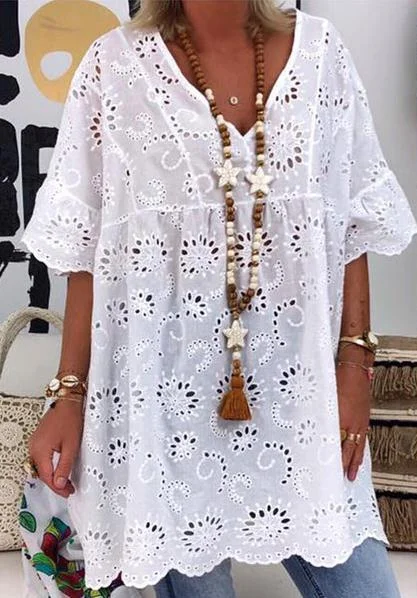 Mongw Mongw Women's New V-Neck Hollow Embroidered Blouse Short-Sleeved Dress