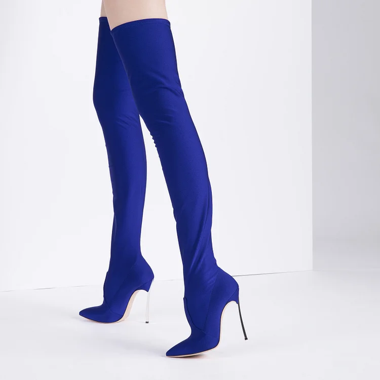 Royal Blue Lycra Thigh High Heel Boots Pointy Toe Stiletto Heel Boots |FSJ Shoes