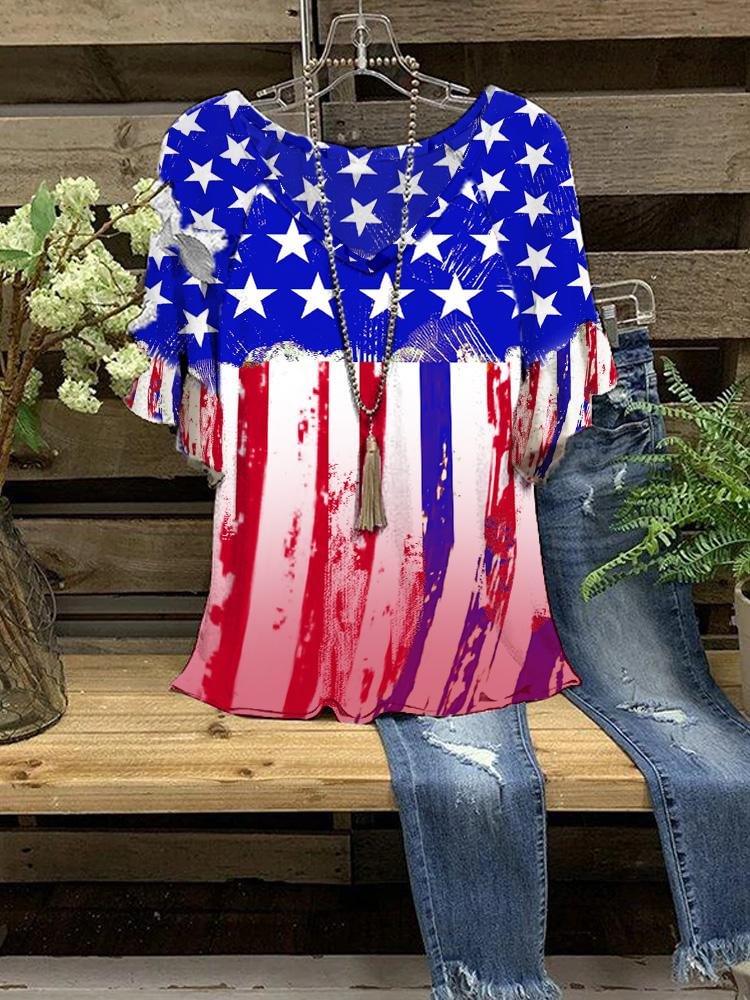 Women's New Casual Flag Printing Half-sleeve Round Neck T-shirt