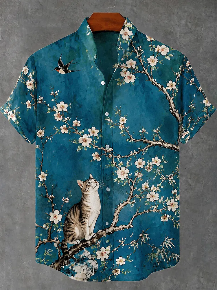 Men's Vintage Floral, Bird & Cat Print Short-sleeve Casual Shirt  artssus