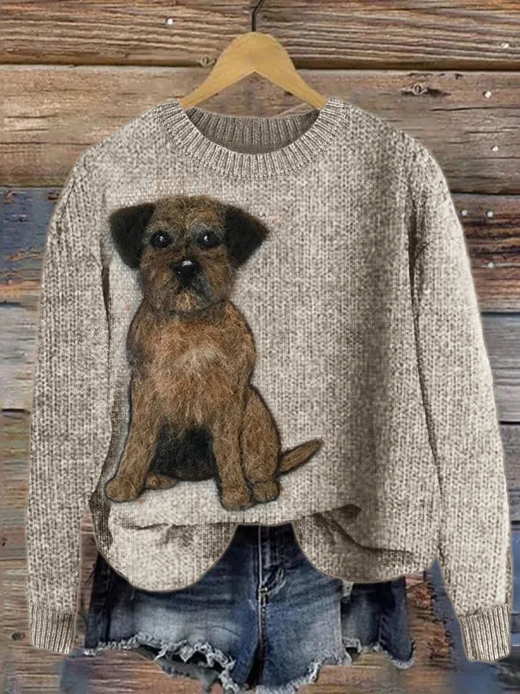 VChics Border Terrier Dog Fuzzy Felt Cozy Knit Sweater