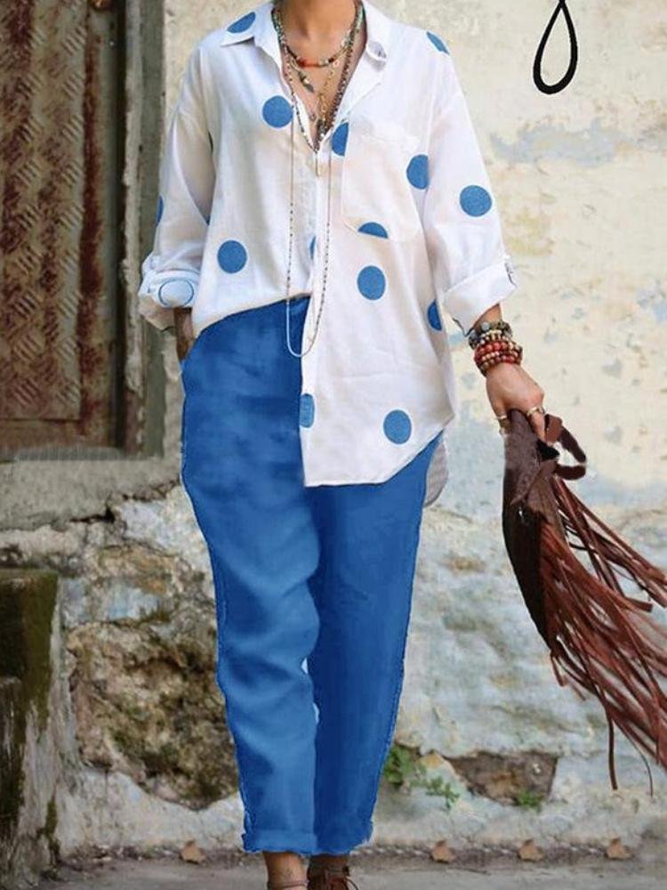 Women's Polka Dots Long Sleeve Top Casual Pants Two-Piece Suit