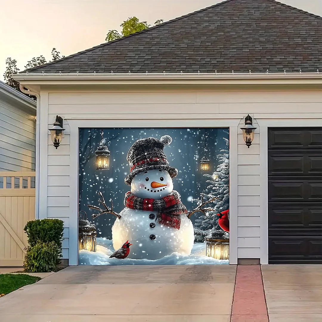 Garage Door Banner Decoration - Snowman and Forest Companions in a Lantern Lit Winter Scene