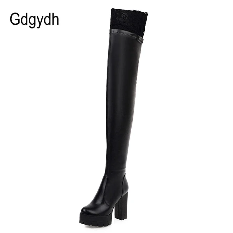 Gdgydh Sexy Lace Thigh High Boots For Plus Size Women Platform Shoes Over The Knee Boots Stretch Fabric Black Leather Winter New
