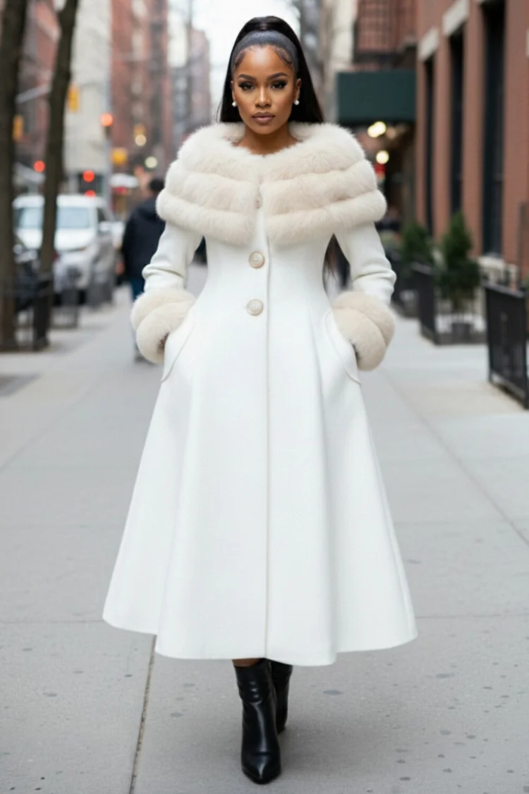 Furry Patchwork Long Sleeve Button Up Cinch Waist Overcoat-White [Pre Order]