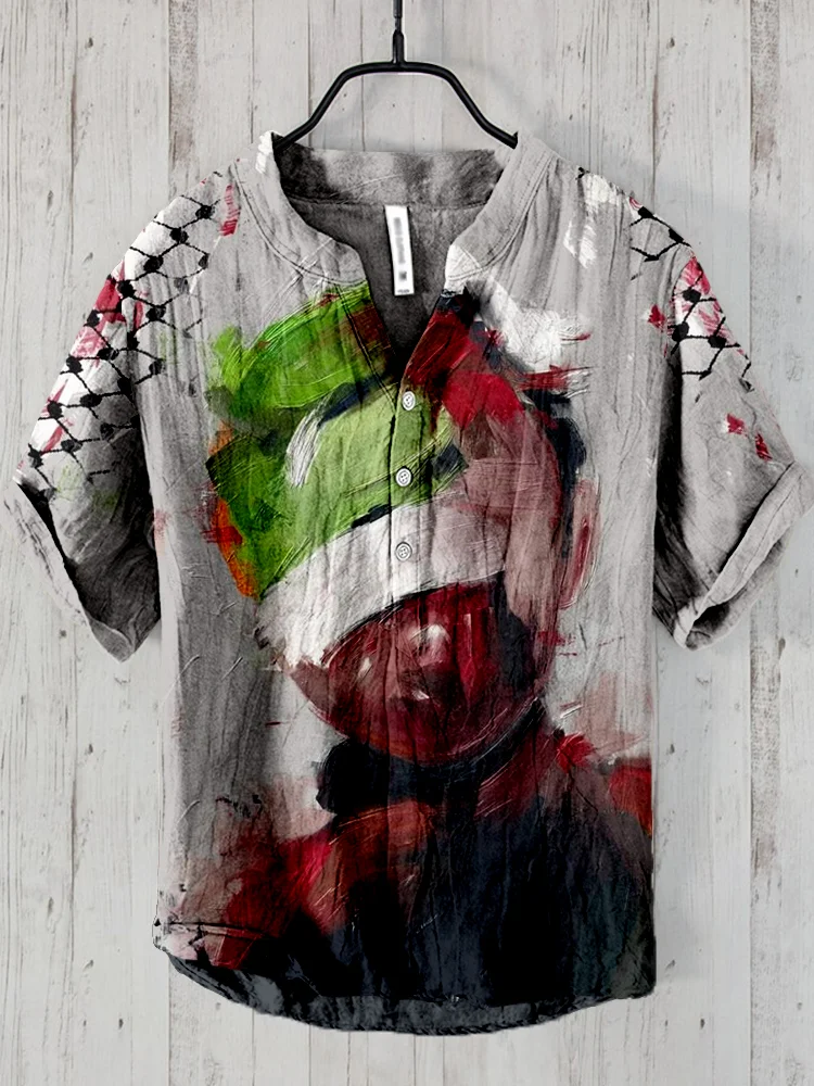 Men's Free Palestine Oil Painting Linen Blend Shirt