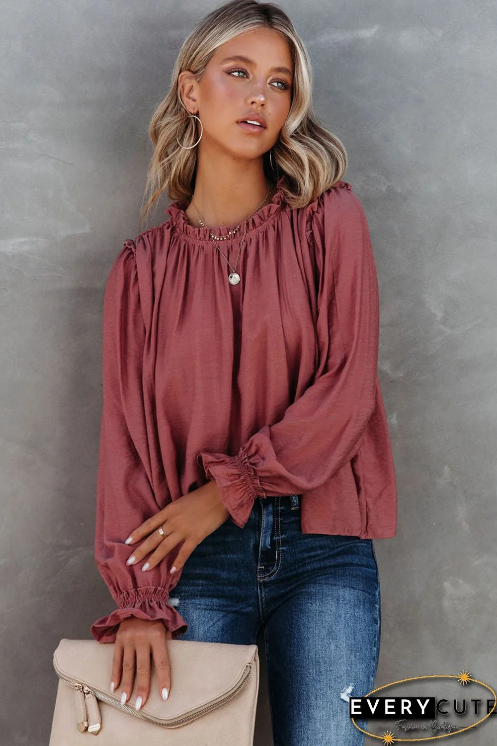 Red Frilled Neck Ruffled Long Sleeve Blouse