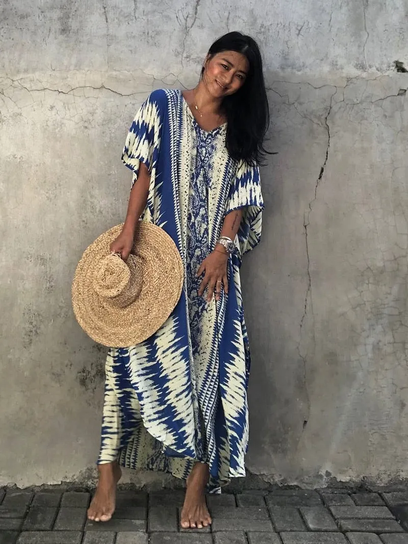 Fitshinling Bohemian Vintage Oversized Dress Women High Split Sexy Maxi Dresses Beach Cover Up Sashes Holiday Serpentine Kaftan