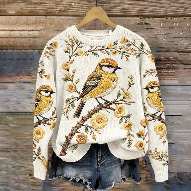 Women's Floral And Bird Pattern Cozy Knit Sweater wearshes