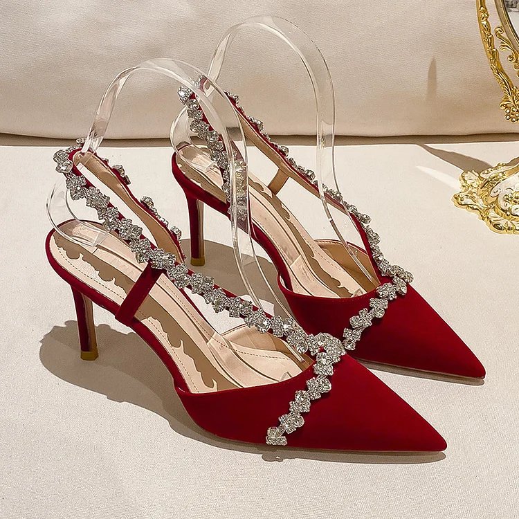 80mm Heel Red Pointed Toe Rhinestone Wedding Prom Sandals Strap Stiletto Shoes