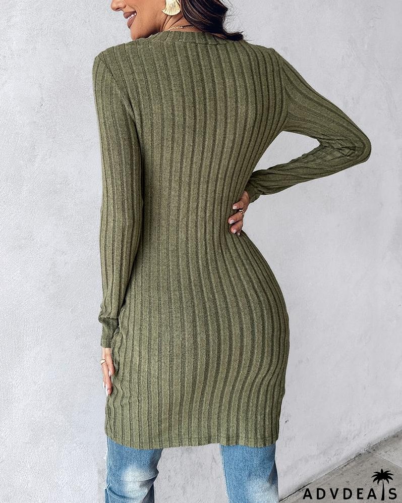 Buttoned Slit Asymmetrical Neck Knit Top