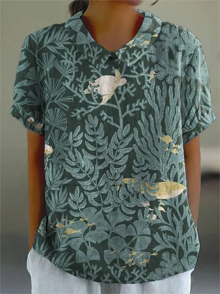 Women's Vintage Floral Turtle Art Print Casual Cotton And Linen Shirt