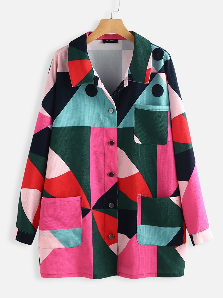 Corduroy Contrast Color Print Long Sleeve Jacket For Women