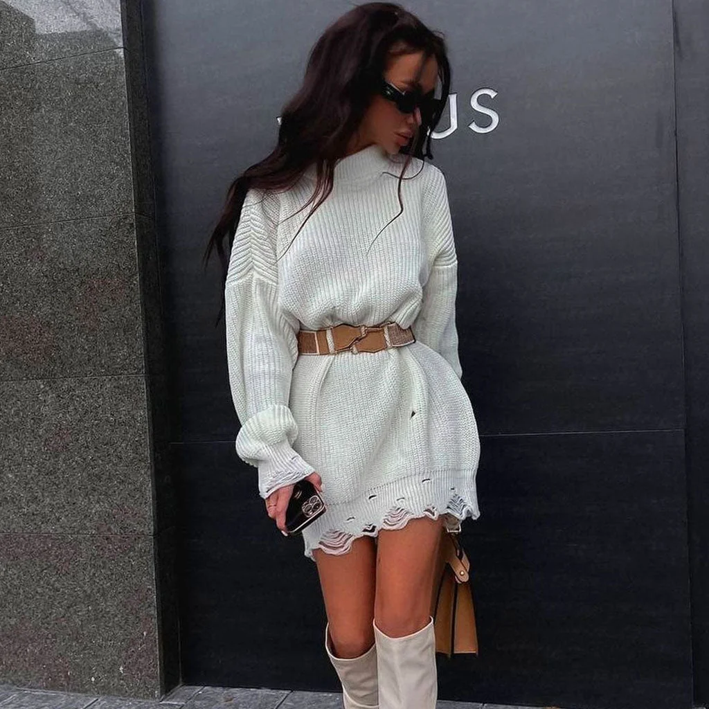 Distressed Trim Oversized Pullover Sweater Mini Dress - White