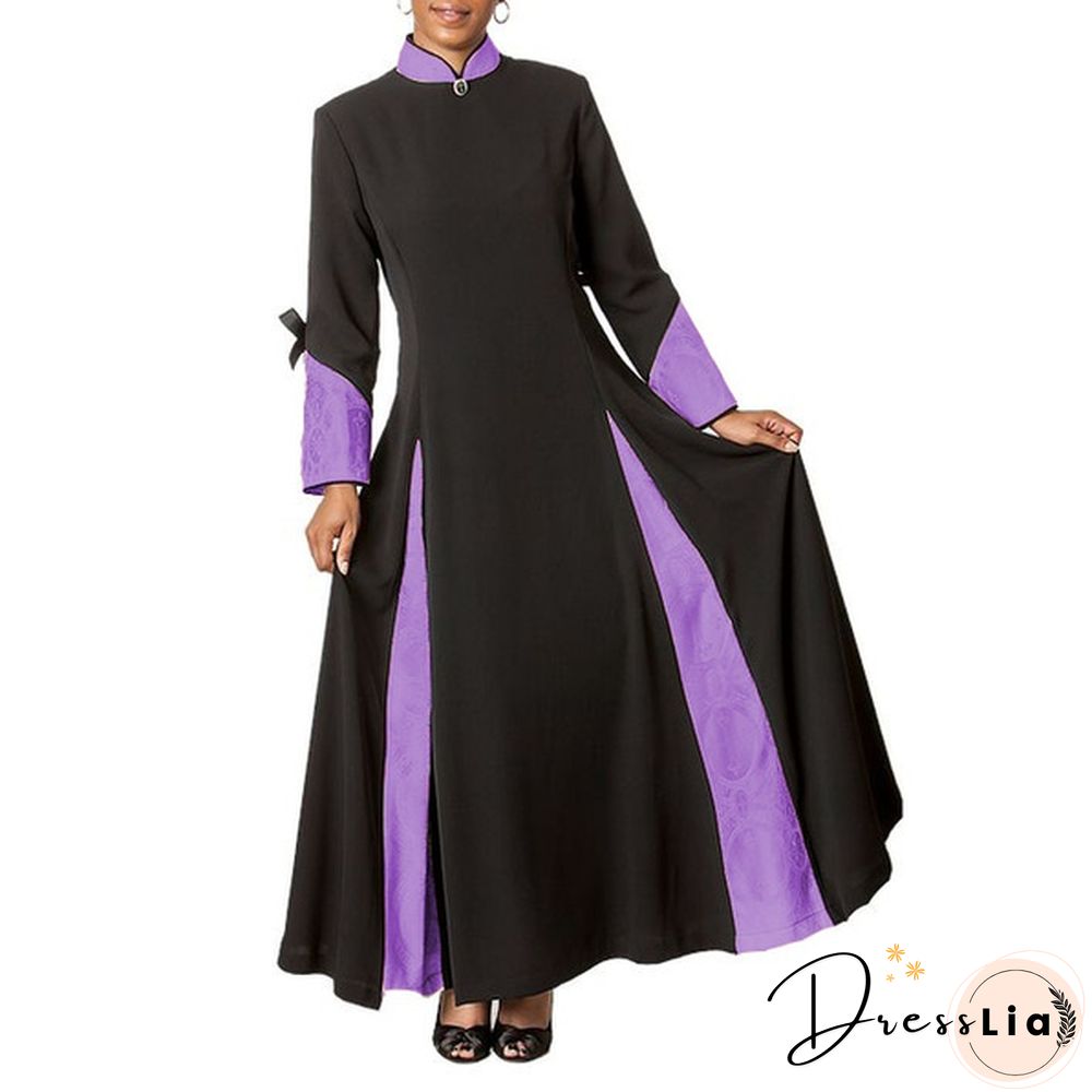 Church Women Clergy Dress Fashion Patchwork Long Sleeve Dress Patchwork Fall Winter Dress Stand Collar Pleated Preaching Robe