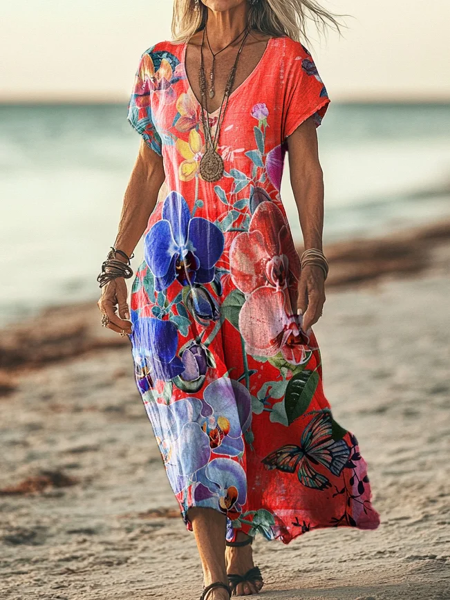 Women's Vintage Floral Collage Print Pocket Cotton Dress
