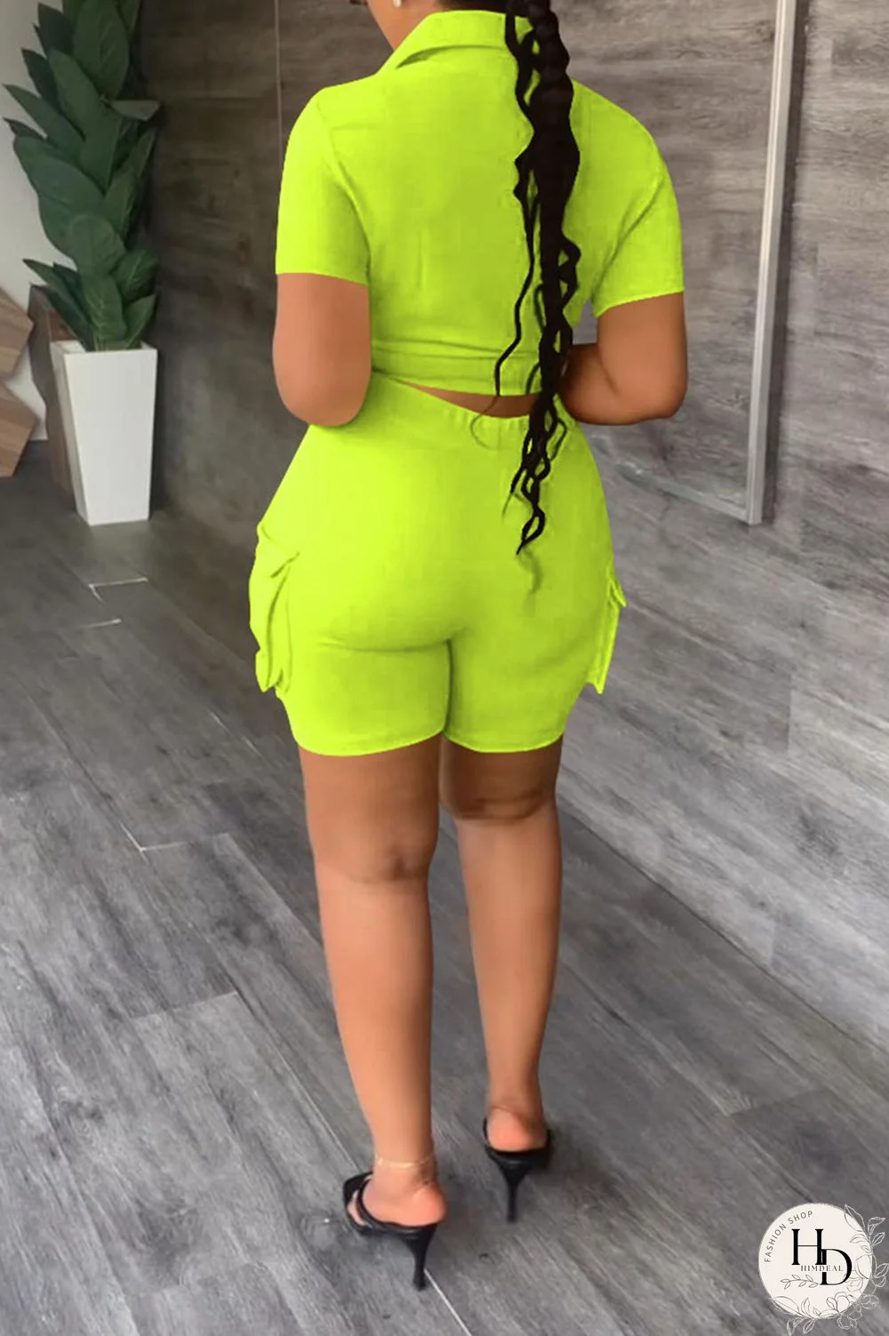 Khaki Casual Solid Bandage Patchwork Pocket Buckle Turndown Collar Short Sleeve Two Pieces