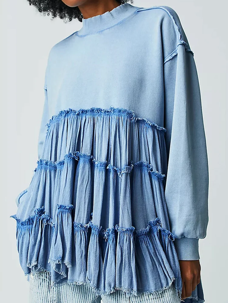 Daily Pleated Tiered Mock Neck Long Sleeve Sweatshirt