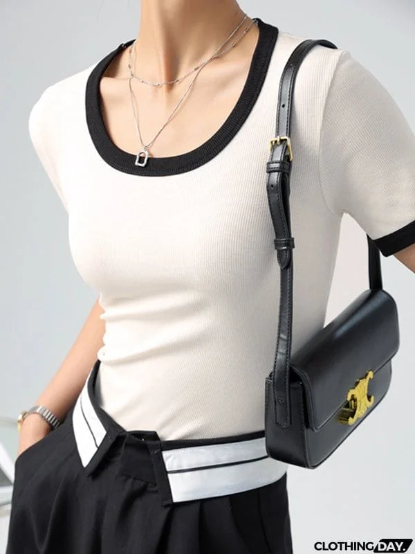 Short Sleeves Skinny Contrast Color Round-Neck T-Shirts
