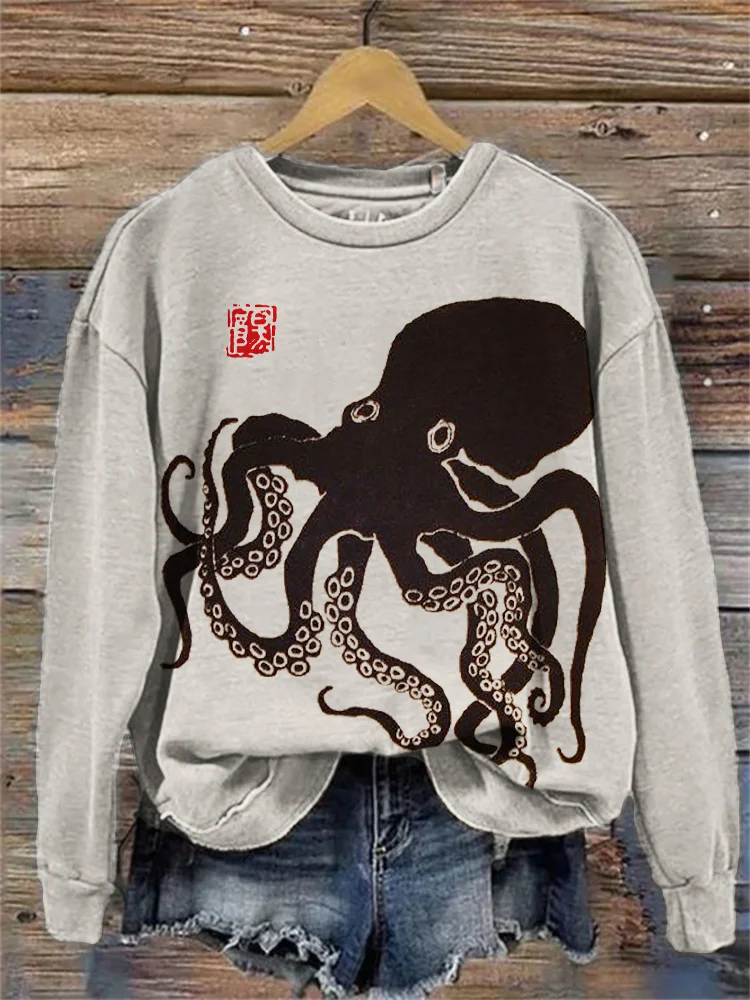 Octopus Japanese Lino Art Vintage Sweatshirt
