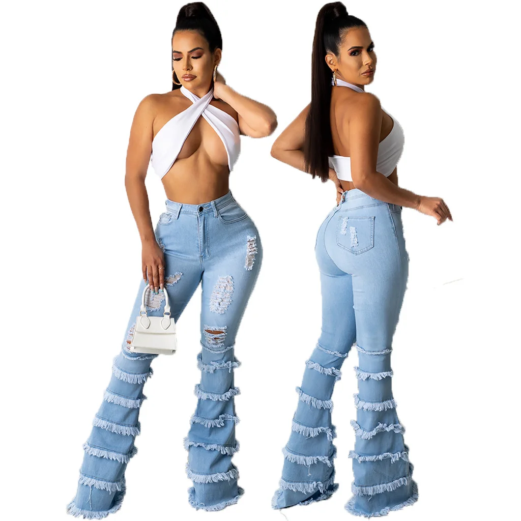 Women's Ripped Patchwork Stretch Flared Denim Jeans Pants