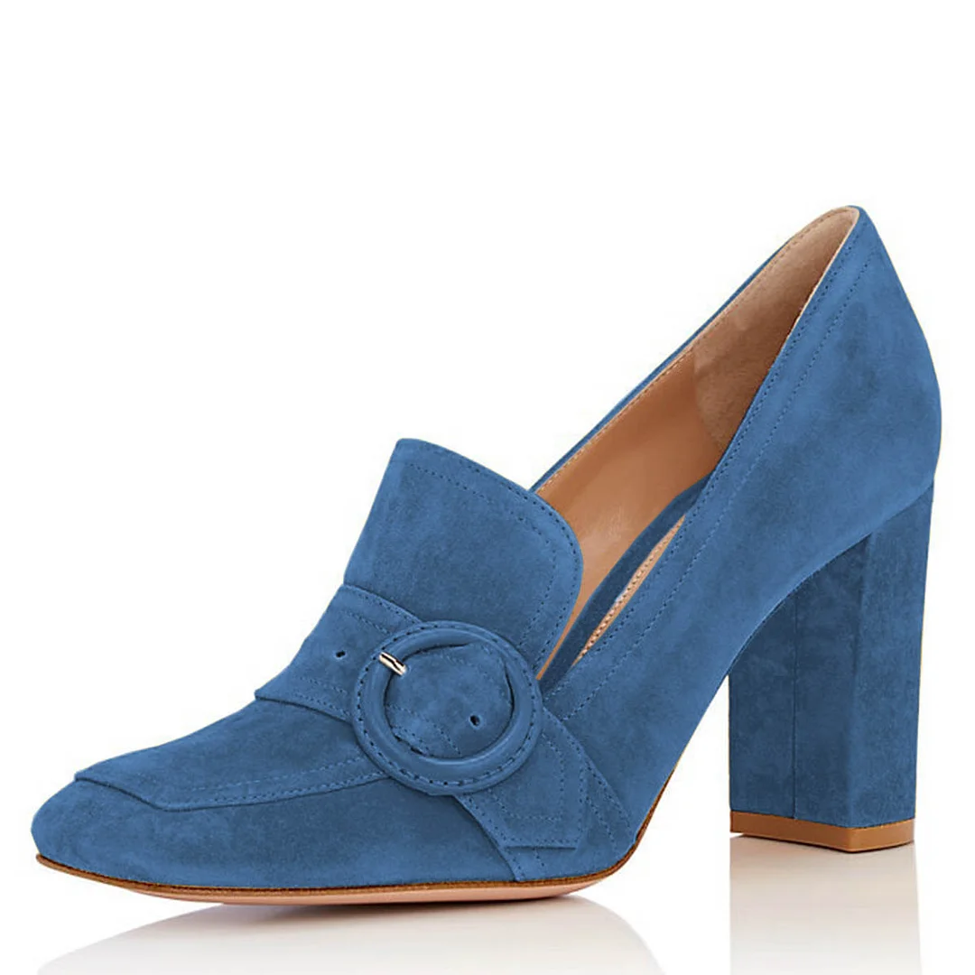 Simple Round Buckle Vegan Suede Square Toe Loafer Heels in Blue
