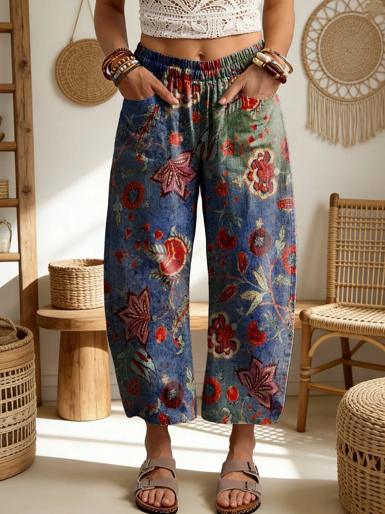 Women's Ethnic Floral Art Print Elastic Waist Pocket Cotton Pants