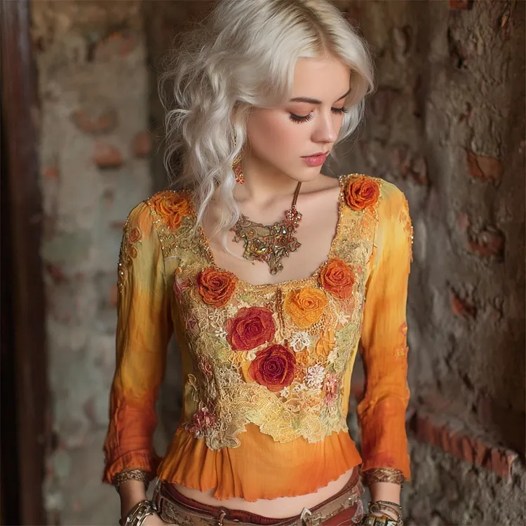 Autumn Floral Vintage Lace Patchwork Art Women's Long Sleeve Top