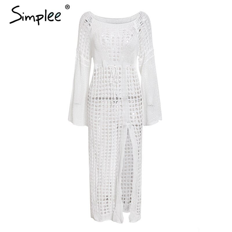Simplee Sexy white women beach dress Summer hollow out long sleeve split sundress Elegant fashion holiday party vestidos 2019