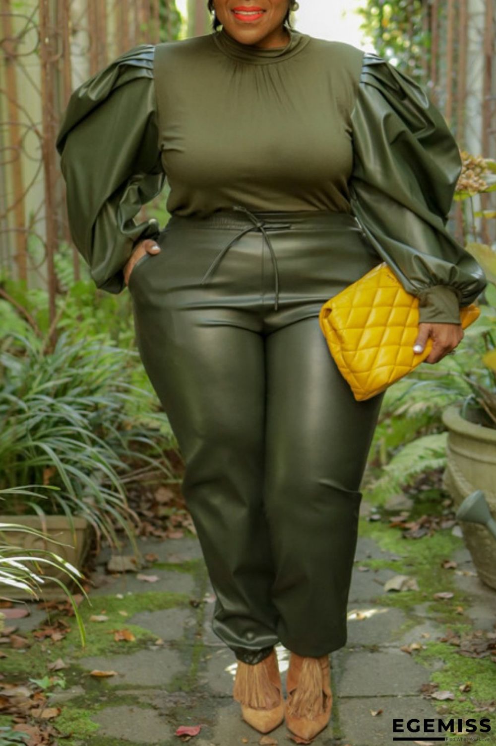 Army Green Fashion Casual Solid Patchwork Half A Turtleneck Plus Size Two Pieces | EGEMISS