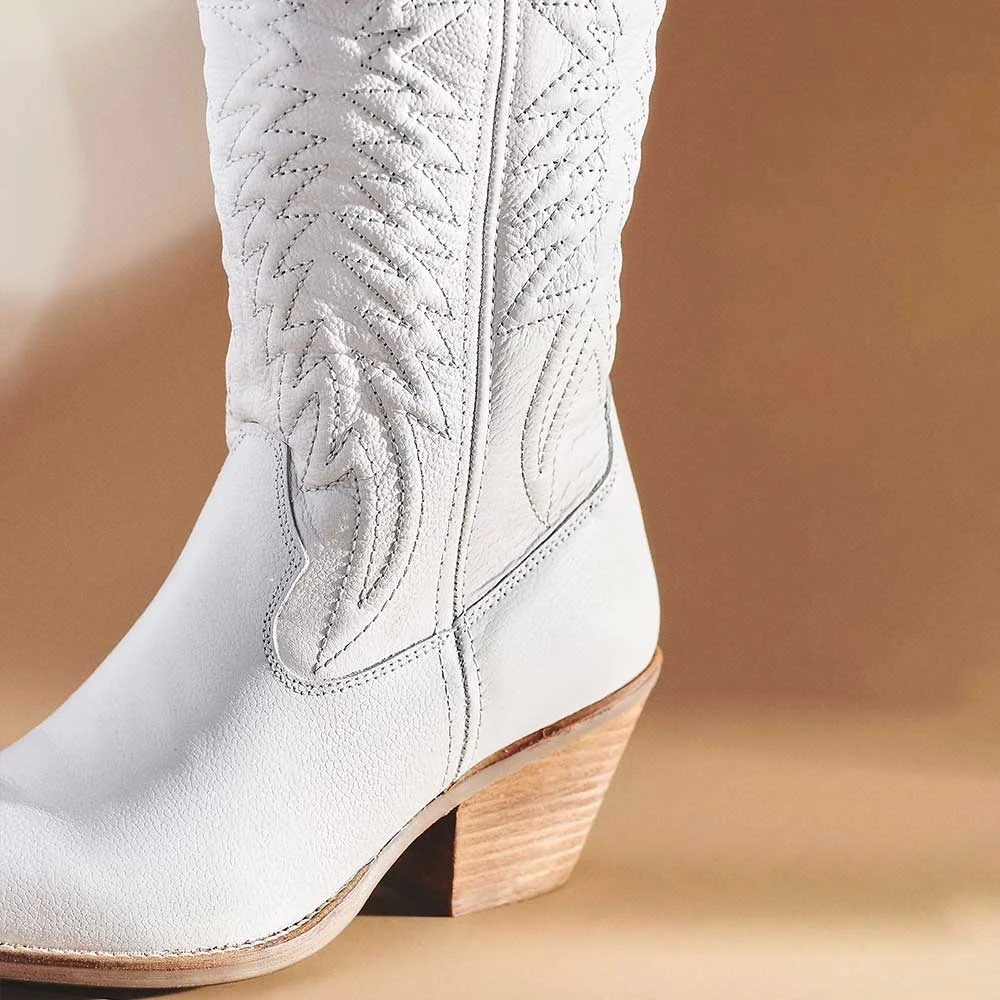 Embossed Snip Toe Stacked Heel Western White Below The Knee Boots