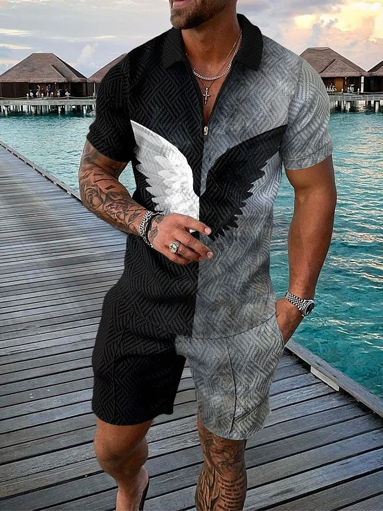 Men's Fashion Printed  Zip Polo Shirt and Shorts Two-Piece Suits