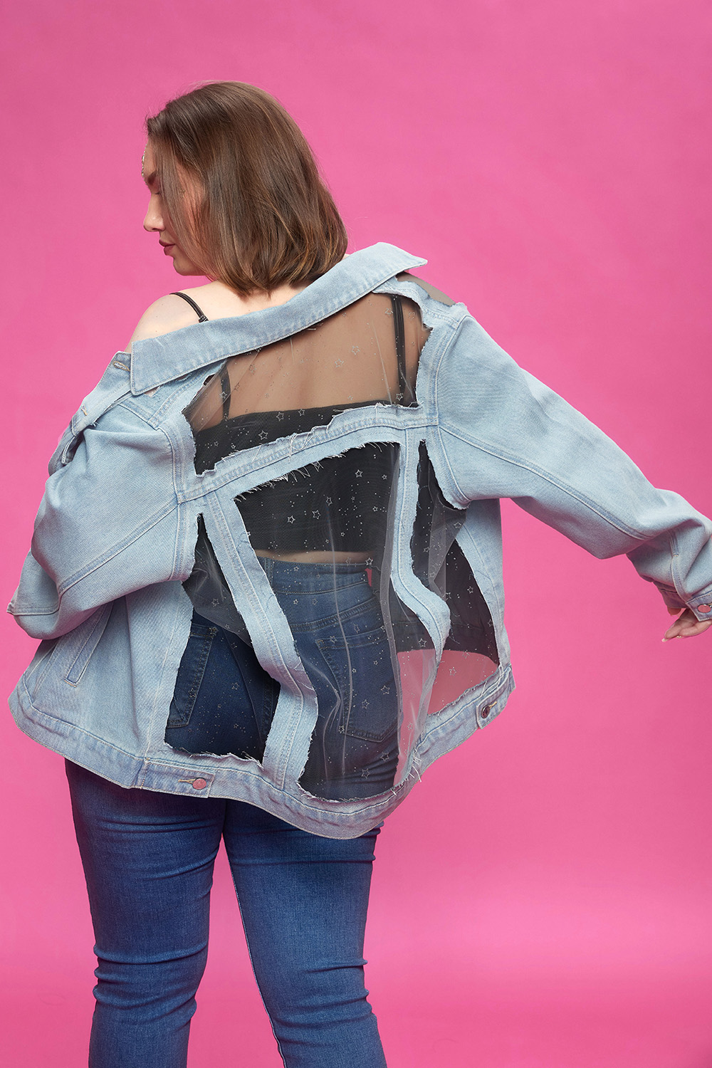 Design Plus Size Party Jacket Casual Light Blue Spring Summer Shirt Collar Long Sleeve See Through Denim Jacket [Pre-Order]