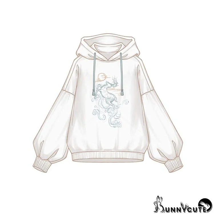 Vintage Deer Embroidery Loose Hoodie Dress