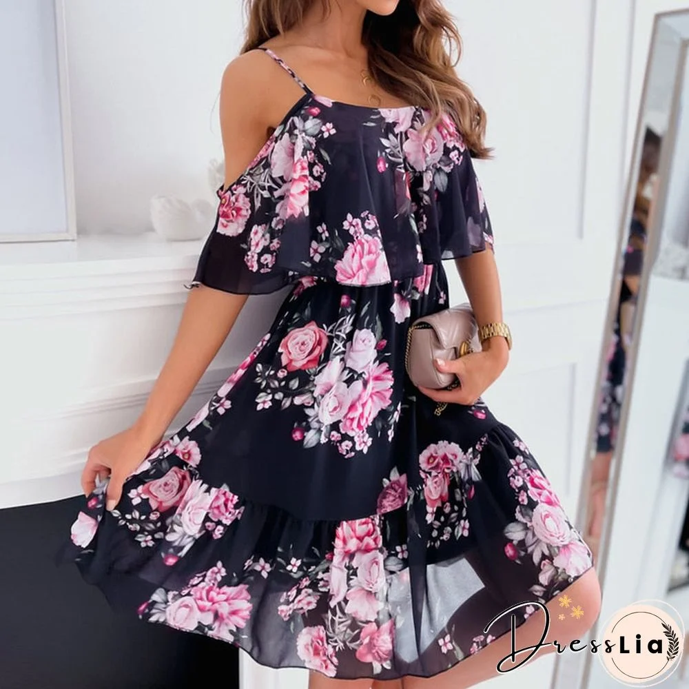 Sexy Spaghetti Strap Woman Dress Summer Floral Print Off Shoulder Sundress Elegant Chiffon A-Line Beach Boho Dresses Vestidos