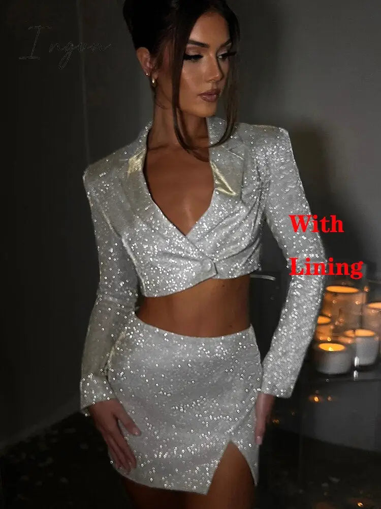 Ingvn - Autumn Sparkle Two Piece Set Women Stand Collar Long Sleeve With Lining Blazer And Mini