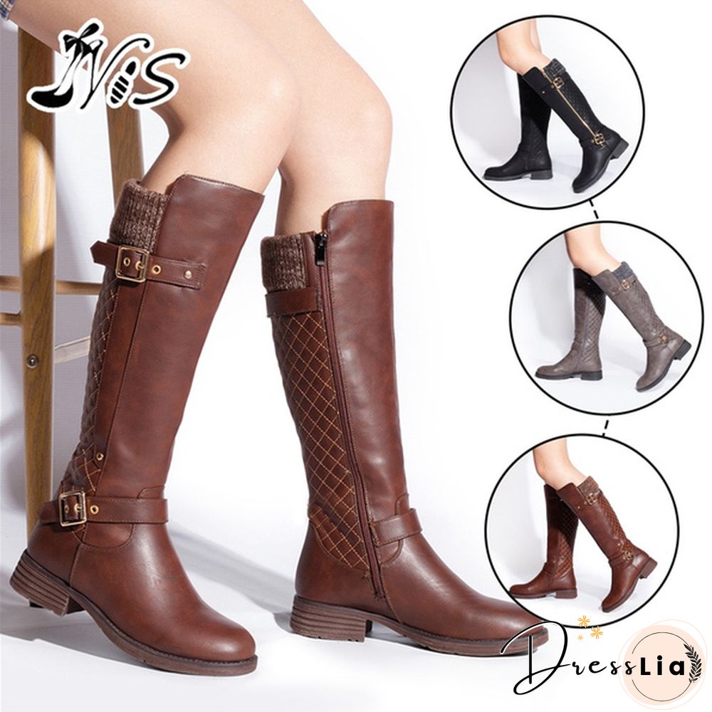 Nis Women Autumn Winter Shoes Flat Heel Solid Color Long Boots Knee High Ladies Boots Leather Casual Flats Boot Shoes Outdoor Non-Slip Booties