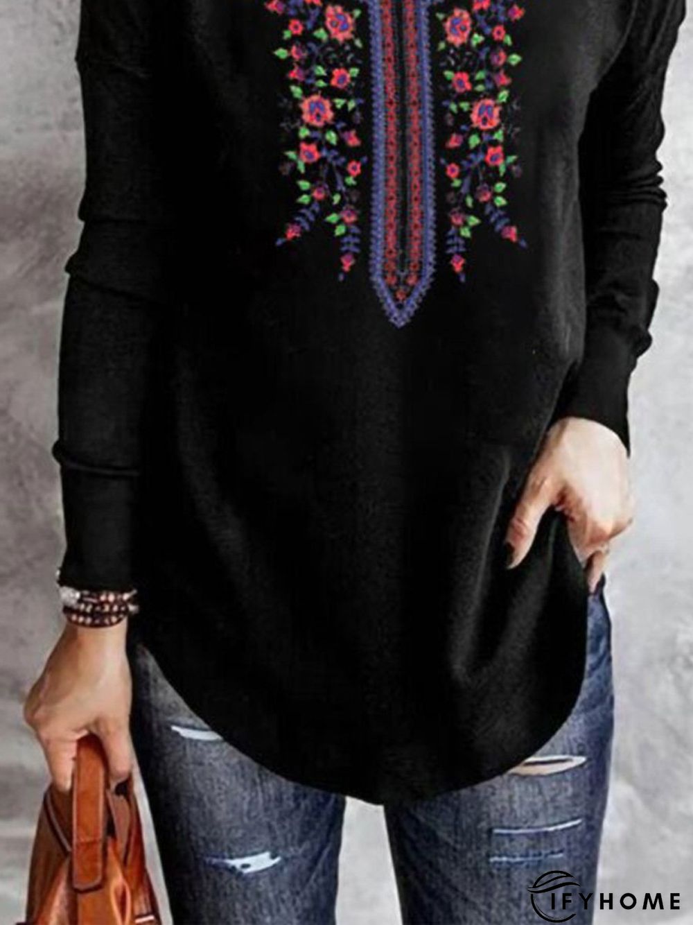 Ethnic V Neck Jersey Floral Tunic T-Shirt | IFYHOME