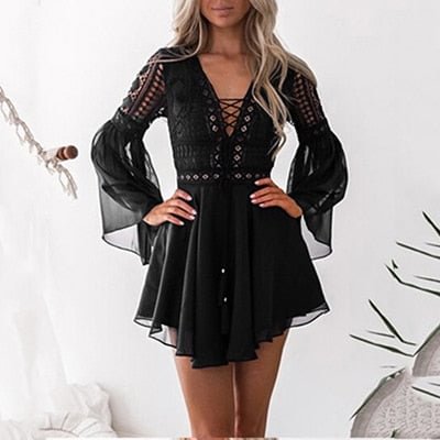 Chiffon Dress Lace Hollow Out Women Bandage Mini Short Dresses Party White Black Fitted Clothing Summer 2020 Outfits For Women