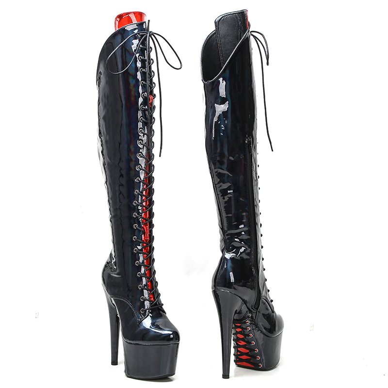 VCshoes 17CM/7inches New Patent Leather Boot For Women Chunky Platform High Boots Party Shoes Thigh High Boots 5B