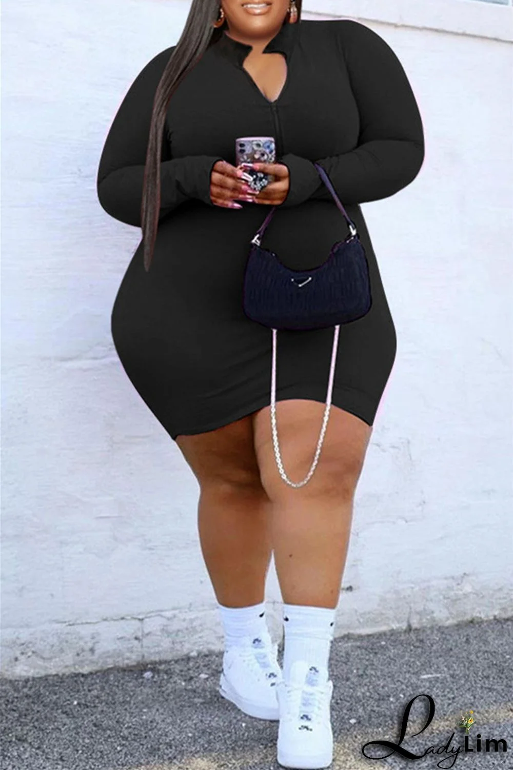 Burgundy Fashion Casual Solid Basic Zipper Collar Long Sleeve Plus Size Dresses