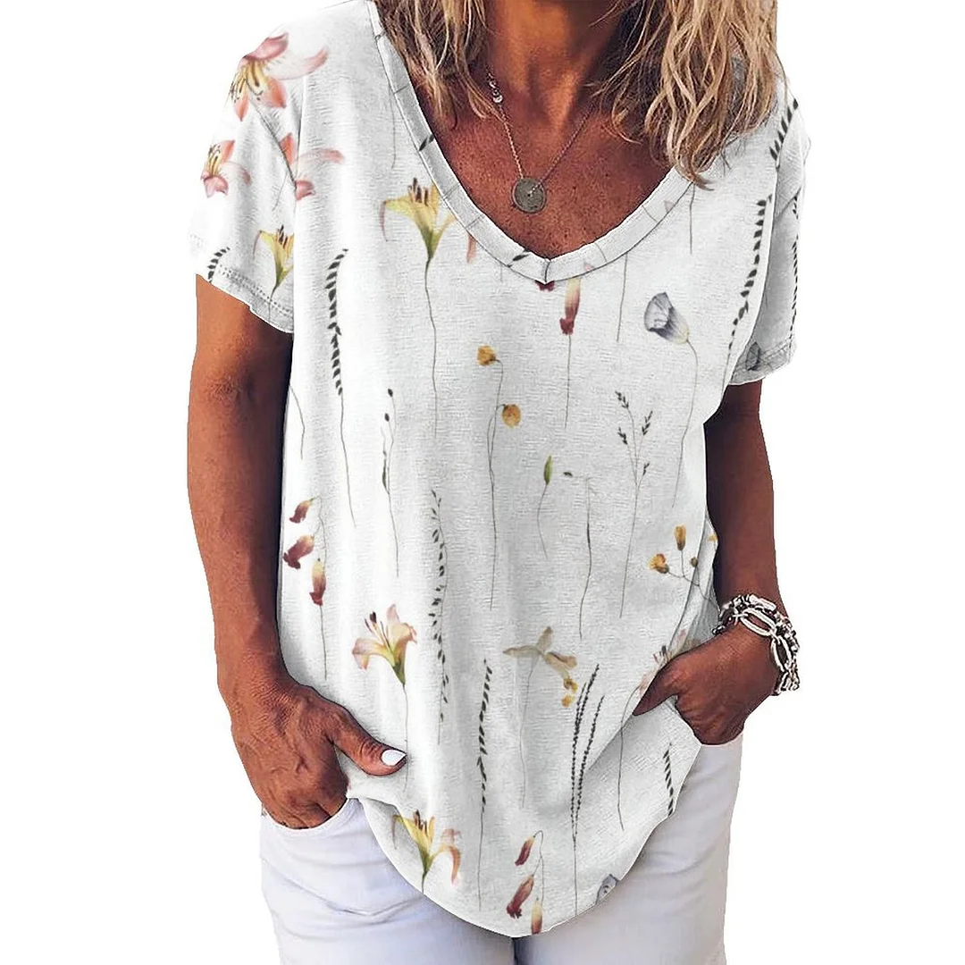 V-neck Short Sleeve Casual T-shirt for  Women Printed with Pattern Floral, Yellow, Lily
