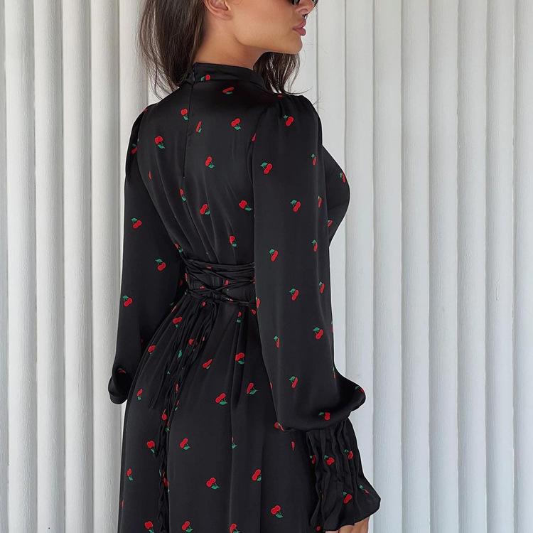 Ootddress Printed Bandage Fashion Long Dress Ladies Elegant Satin High Street Party Dress Casual Long Sleeve Patchwork Maxi Dress