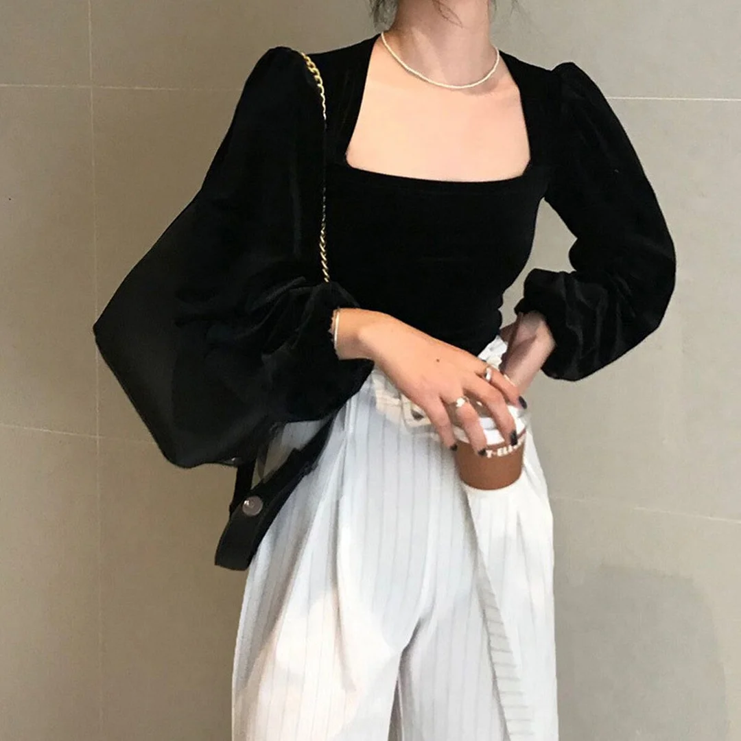 Women Velvet Shirt Elegant Long Sleeve Versatile Chic Business Party Office Ladies 2023 New Spring Puff Sleeve