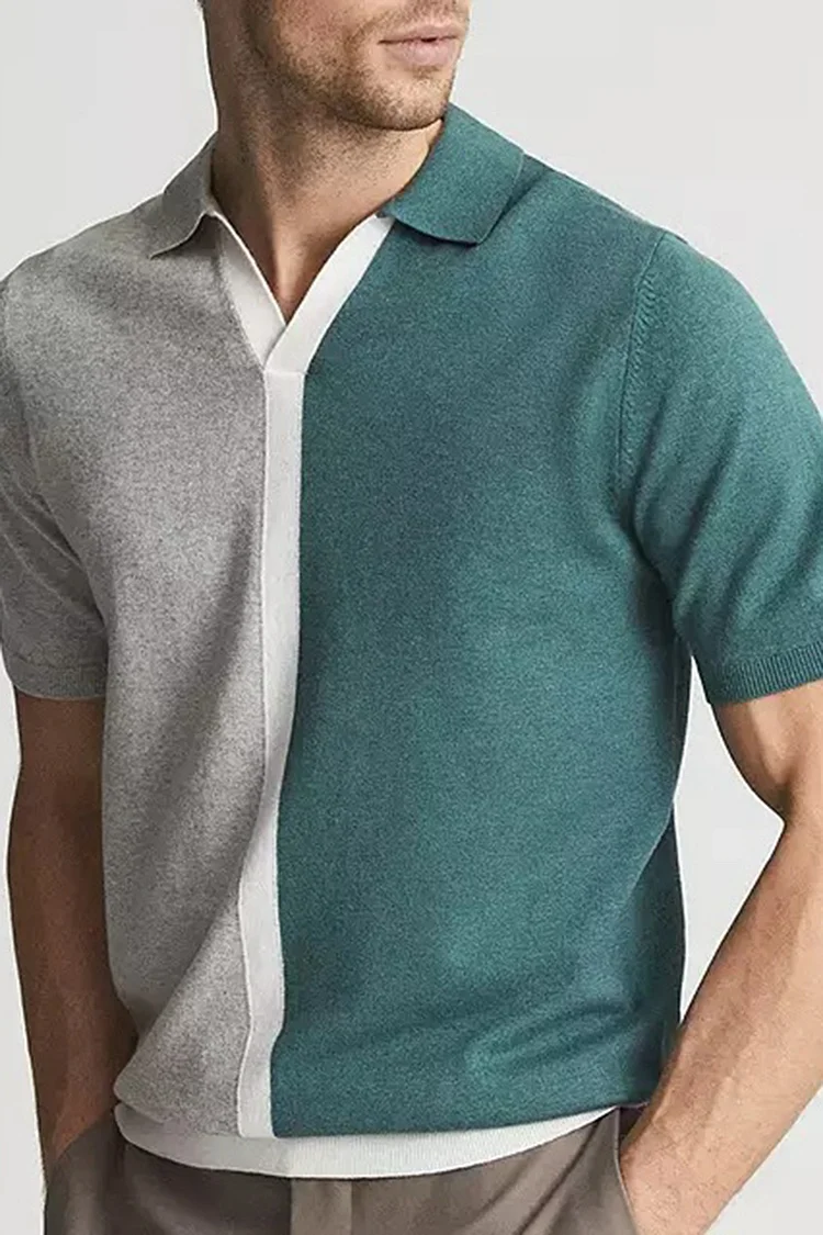 Men's Colorblock Knit Turndown Collar Short Sleeve Top