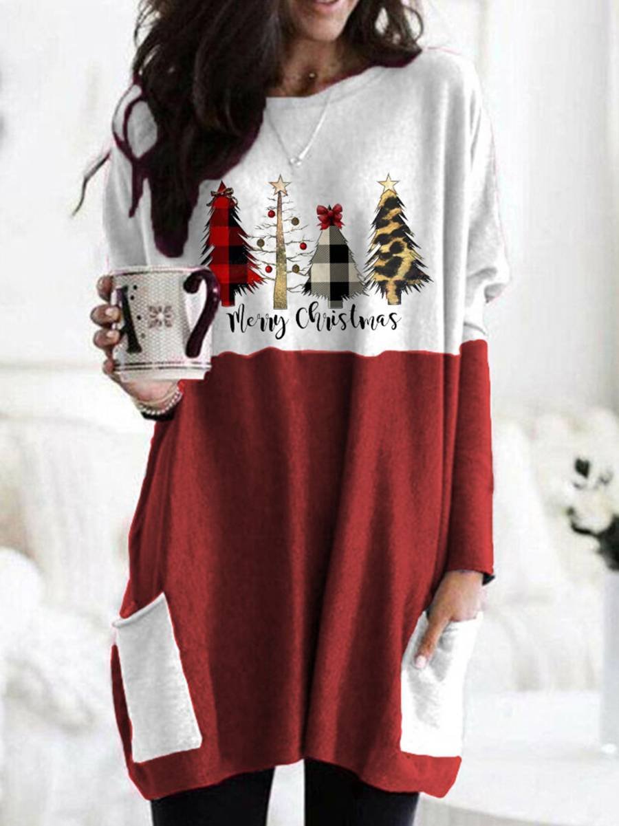 Plaid Christmas Tree Print Long Sleeve Long Tops