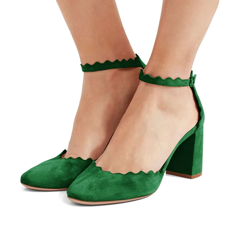 Green Closed Toe Sandals Vegan Suede Wave Style Ankle Strap Chunky Heels |FSJ Shoes